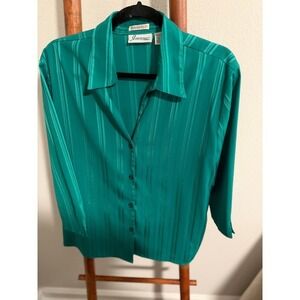 Vintage Joanna Emerald Green Metallic Stripe Stretch Button Down Blouse Large